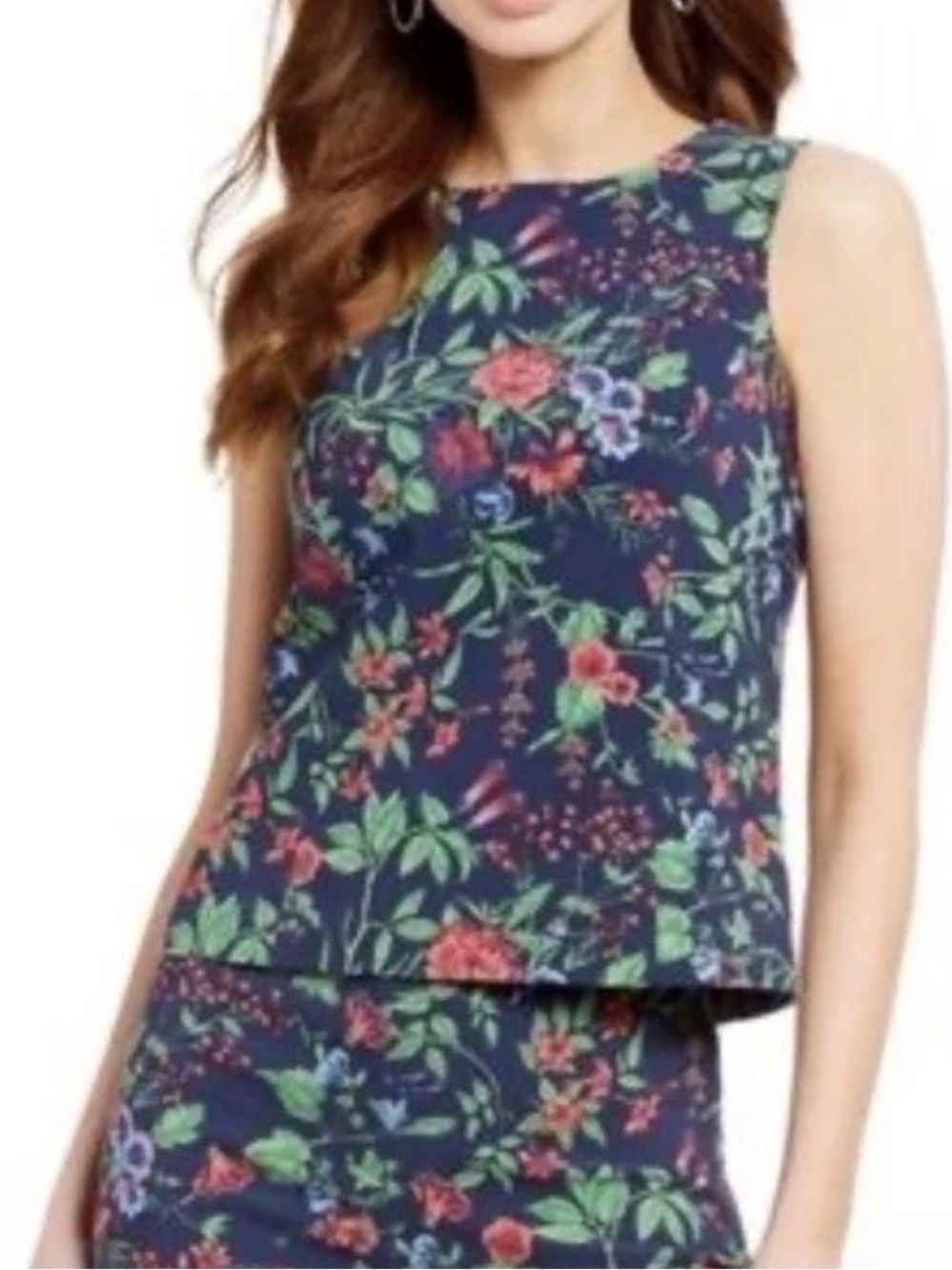 J.McLaughlin Preppy Botanical Floral Sleeveless Blouse Navy Blue 12
